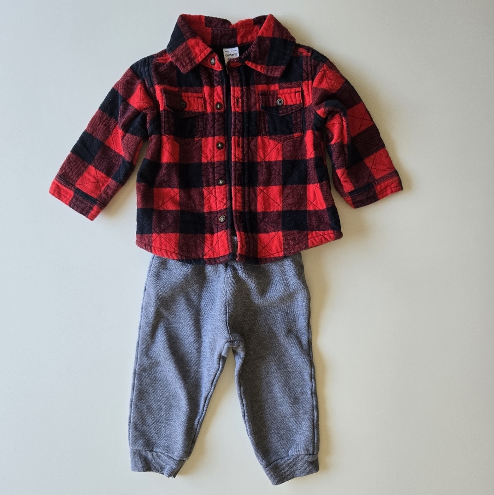 Carter's Baby Boys 2-Piece Red Buffalo Plaid Flannel Shirt & Gray Jogger Pants S